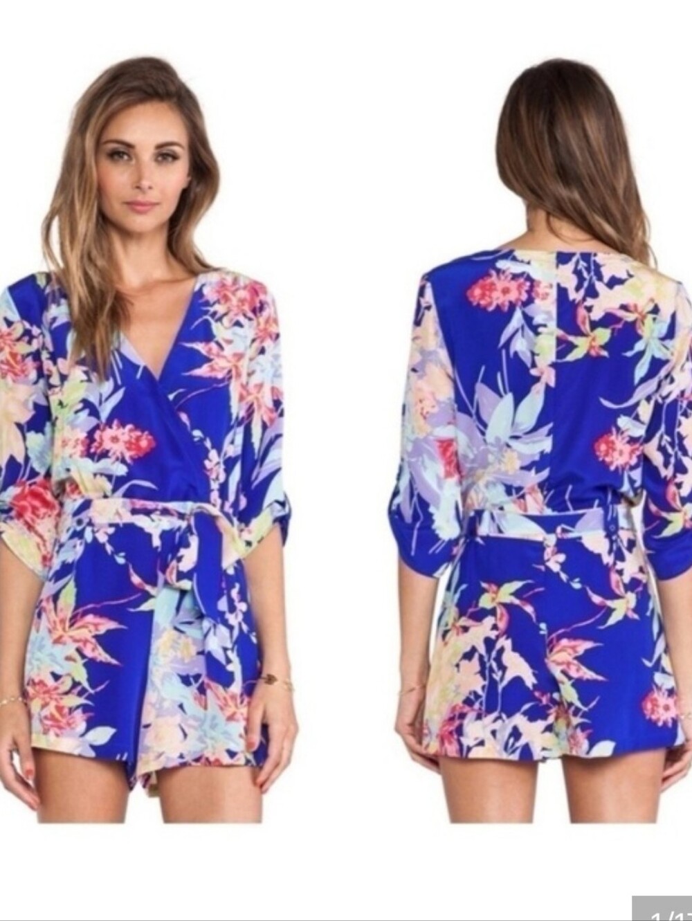 Yumi Kim Blue Floral Wrap Romper 3/4 Sleeves S